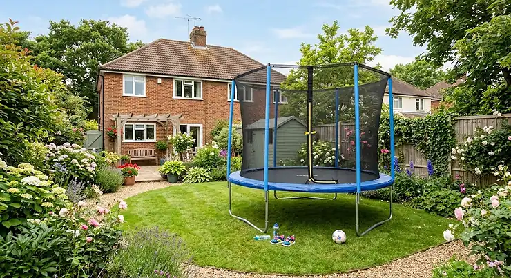 A 10ft family trampoline set up in a typical British back garden on a sunny day