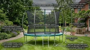 Technical diagram showing the 305cm diameter dimensions of a 10ft garden trampoline.