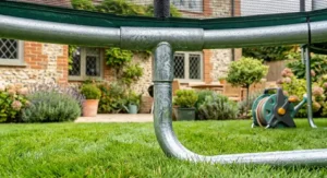 Durable galvanised steel frame of a 10ft garden trampoline showing weather resistance.
