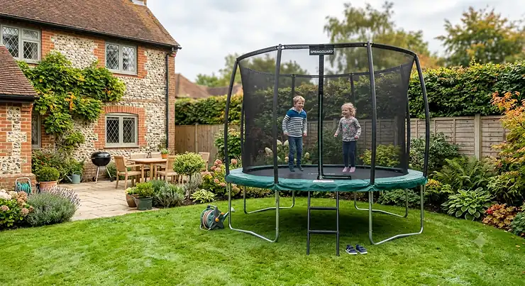 A 10ft trampoline with a safety enclosure installed in a lush green British garden.