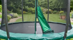 Close-up of the secure zip-fastening safety net on a 10ft trampoline.
