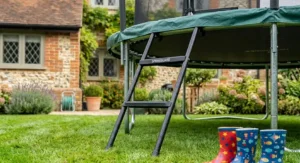 Child-friendly ladder attached to a 10ft trampoline for safe and easy access.