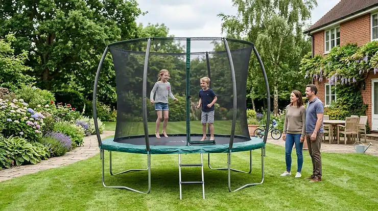 A 10ft trampoline with safety enclosure net installed in a green UK garden. 10ft trampoline with enclosure