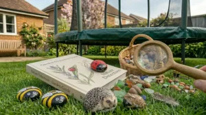 Finely detailed painted stones resembling a hedgehog and a toad sitting on the grass beside a nature book and a 6ft garden trampoline.
