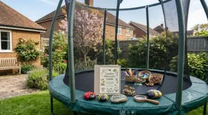 A 6ft trampoline in a British garden with children's nature discovery books, painted ladybird rocks, and a magnifying glass placed on the green safety padding.