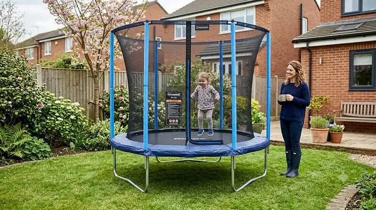 A cheerful toddler jumps safely within a 6ft circular trampoline with a safety net enclosure on a lush green lawn in a suburban British garden. An adult woman stands nearby, wearing wellies and holding a mug, in front of a red brick house under diffused natural daylight. 6ft trampoline for toddlers