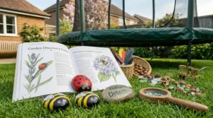 An open 'Garden Discovery Guide' book on the lawn next to a 6ft trampoline, showing illustrations of bumblebees and ladybirds alongside painted stones.