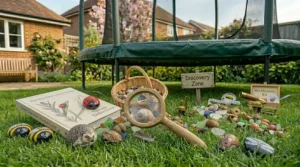 A 'Discovery Zone' and 'Bio-Diversity Kit' setup on the grass next to a 6ft trampoline, featuring a snail shell under a magnifying glass, painted wildlife stones, and a miniature telescope.