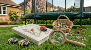 Close-up of a wooden magnifying glass focusing on an acorn on the grass, next to a wicker basket and a nature guidebook by a 6ft trampoline.