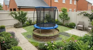 A spatial planning diagram overlaid on a small garden view, showing the precise footprint of a 6ft trampoline, including a 6-inch excavation depth for a sunken setup and a 1-metre safety clearance zone.