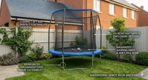 A high-detail photorealistic close-up of a 6ft trampoline in a small British garden, featuring infographic call-outs summarising its compact footprint, safety enclosure net, and reinforced steel frame structure.