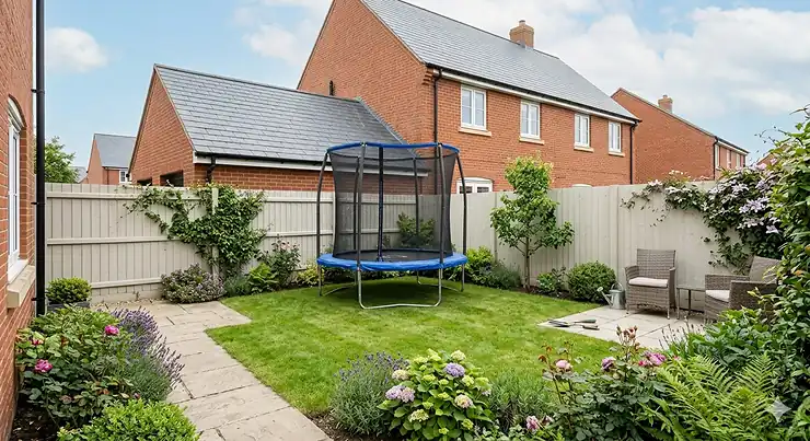 A photorealistic view from inside a well-maintained, small British back garden, with a 6ft trampoline on the lawn area, positioned near a light grey wooden fence and lavender borders.