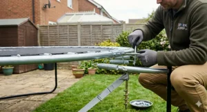 Close-up of a man assembling the circular galvanised steel frame of an 8 foot garden trampoline, using a tool to tighten bolts on a grass lawn next to a patio.