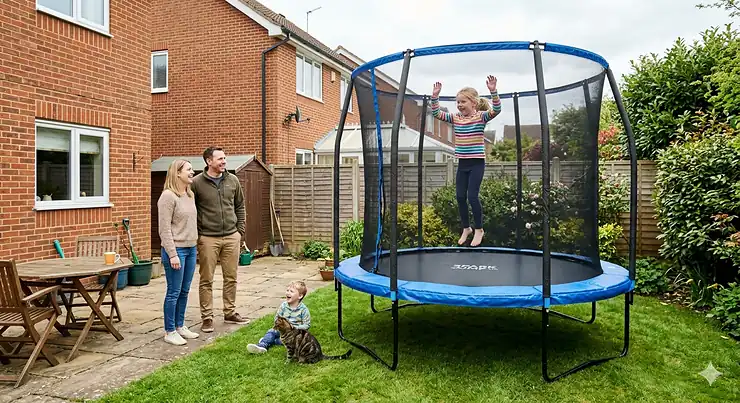 A family in a British back garden with a young girl bouncing on a blue 8 foot trampoline with a safety enclosure net, while her parents and a younger brother watch with a tabby cat nearby.