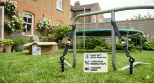 Illustration showing how to secure an 8ft trampoline to a garden lawn using heavy-duty ground anchor pegs.