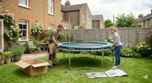 An explicit step-by-step assembly illustration showing the tools included to build an 8ft trampoline under 150 pounds.