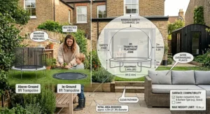 A photorealistic garden infographic showing a technical layout overlay on a small lawn. A circular dotted graphic indicates the 8ft footprint and highlights the mandatory 2-metre safety clearance zone required away from walls, garden furniture, and patio borders.