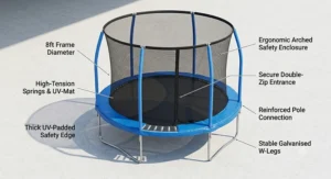A product diagram of an 8ft trampoline with a safety enclosure net, featuring descriptive labels for its frame diameter, UV-padded edge, arched enclosure, double-zip entrance, and galvanised W-legs.