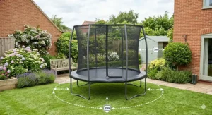 A garden space diagram illustrating the clearance zone needed for the best 8ft trampoline, showing distance from fences and brick walls.