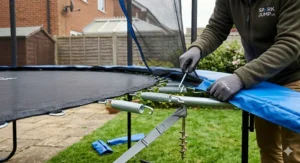 A close-up of a person wearing protective work gloves using a spring-pulling tool to attach heavy-duty springs onto the frame of an 8 foot trampoline on a garden lawn.
