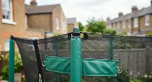 Close-up illustration of the thick safety padding and secure enclosure net on an 8ft budget trampoline.