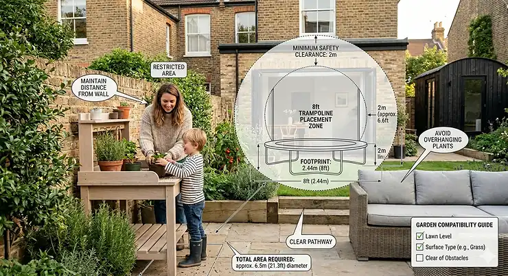 A high-resolution photograph of a black and green 8ft circular trampoline with a safety net enclosure, set up in a neatly landscaped, small English garden. A child is visible jumping inside. The background features typical British terraced houses under natural daylight. 8ft trampoline small garden