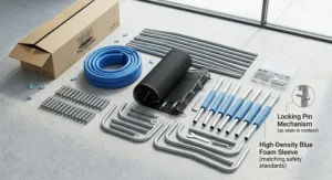 A neat layout of unboxed parts for an 8ft trampoline assembly, including the frame poles, high-density blue foam sleeves, springs, mat, enclosure netting, and a tools kit box.
