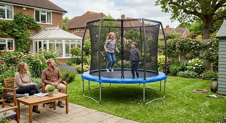 A family sitting on a patio in a British garden, watching a young boy and girl happily bouncing inside an 8ft trampoline with a secure safety enclosure net.