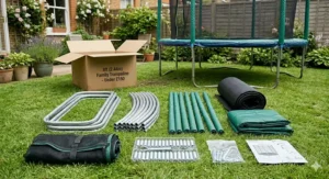 An overview illustration displaying all items included with a budget-friendly 8ft trampoline package under £150.