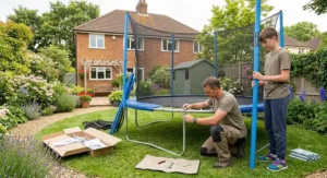 Parent assembling a 10ft family trampoline in the garden