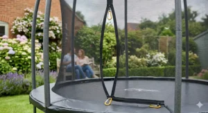 Close-up technical illustration of an 8ft trampoline safety net enclosure with a secure zip system to keep children safe while bouncing.