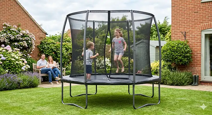An 8ft trampoline with a safety enclosure net set up on a green grass lawn in a typical UK family garden.