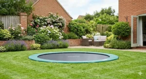 A flush, sunken in-ground 8ft trampoline installed seamlessly into a landscaped garden lawn, showing an alternative setup to above-ground models.