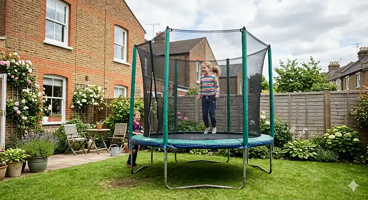 A high-quality 8ft family trampoline with a safety enclosure net set up in a typical British garden on a bright, partly cloudy day.