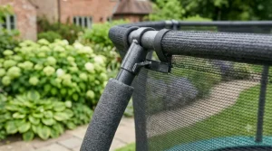 Durable galvanised steel frame of a 10ft trampoline showing weather-resistant finish.