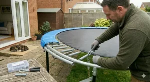 Close-up of a person hooks-in-hand installing a spring into the rim of a blue-padded 8 foot trampoline next to a garden patio table with tools.