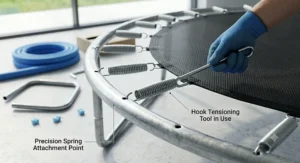 A gloved hand using a hook tensioning tool to securely attach a heavy-duty steel spring to the jumping mat and the galvanised steel frame.