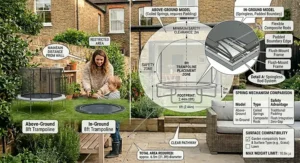 A split-view illustration on a lawn showing a comparison between a standard 8ft above-ground trampoline with vertical safety net poles and a flush-mounted, low-profile in-ground trampoline design.