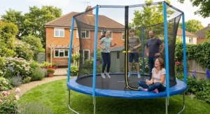 Family having fun together on a large 10ft family trampoline