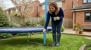 A British woman wearing a dark blue jumper and dark green wellies kneels down on a garden patio next to a blue toddler trampoline, carefully inspecting the safety foam padding on one of the upright enclosure poles.