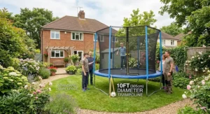 Visual size reference of a 10ft family trampoline fitting in a standard lawn space