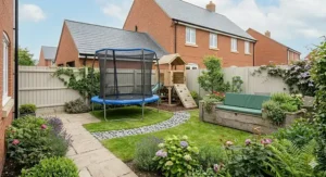 A 4K photorealistic overview of a small, well-zoned British back garden, harmoniously integrating a central 6ft trampoline with a bespoke timber play fort and a multi-functional storage bench seating area.