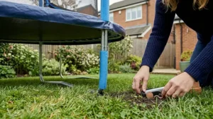 A close-up shot of a woman's hands working near the base of a blue toddler trampoline frame on the grass. Her fingers are adjusting an anchor point in a patch of exposed dark soil where a British penny and a small earthworm are visible.