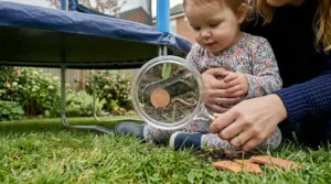 A close-up, ground-level view showing a mother guiding her toddler's hand as they hold a magnifying glass over a patch of dark soil. Magnified through the lens, a copper British one-penny coin and a small brown earthworm are clearly visible next to broken terracotta pot pieces.