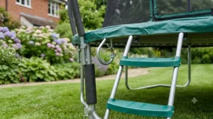 Two-step ladder attached to a 10ft trampoline for easy and safe access.
