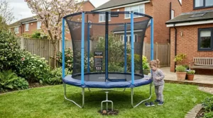 A toddler in floral pyjamas stands next to a fully assembled blue 6ft trampoline on a British garden lawn. In front of the trampoline, a heavy-duty metal ground anchor peg is driven into a patch of soil, with a 1p coin lying on the ground beside it.
