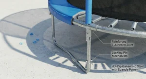 A detailed technical shot focusing on the weather-resistant, hot-dip galvanised steel frame with a spangle pattern, reinforced T-junctions, and locking pin assembly.