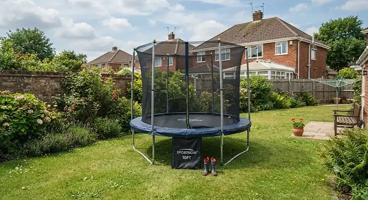 A sturdy 10ft trampoline set up in a typical British back garden