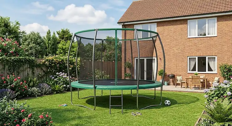 A 12ft family trampoline safely installed in a typical British back garden on a sunny day.