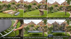 Step by step assembly of a 12ft trampoline in a garden setting